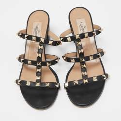 Pre Owned Valentino Black Leather Rockstud Slide Sandals Size 37