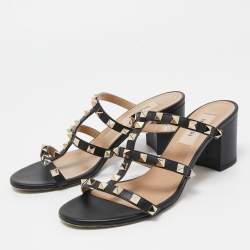 Pre Owned Valentino Black Leather Rockstud Slide Sandals Size 37