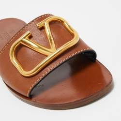 Pre Owned Valentino Brown Leather Escape VLogo Flat Slides Size 37