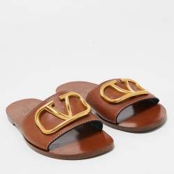 Pre Owned Valentino Brown Leather Escape VLogo Flat Slides Size 37