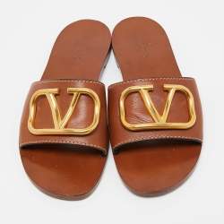 Pre Owned Valentino Brown Leather Escape VLogo Flat Slides Size 37