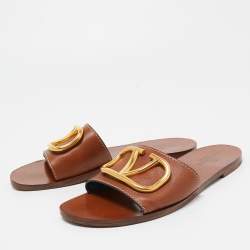 Pre Owned Valentino Brown Leather Escape VLogo Flat Slides Size 37
