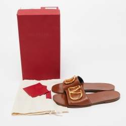 Pre Owned Valentino Brown Leather Escape VLogo Flat Slides Size 37