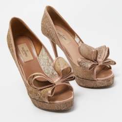 Pre Owned Valentino Pink/Beige Satin and Lace Platform Pumps Size 37