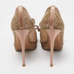 Pre Owned Valentino Pink/Beige Satin and Lace Platform Pumps Size 37