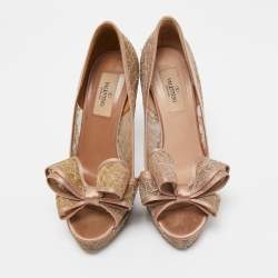 Pre Owned Valentino Pink/Beige Satin and Lace Platform Pumps Size 37