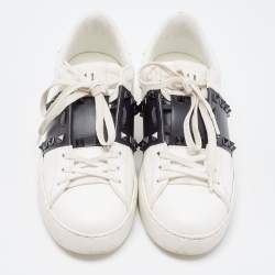 Pre Owned Valentino White/Black Leather Rockstud Untitled Sneakers Size 38