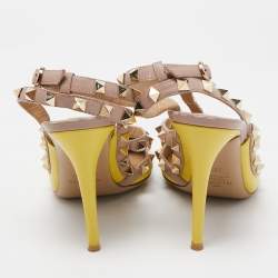 Pre Owned Valentino Yellow/Dusty Pink Leather Rockstud Ankle Strap Pumps Size 38.5