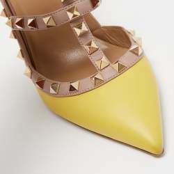 Pre Owned Valentino Yellow/Dusty Pink Leather Rockstud Ankle Strap Pumps Size 38.5