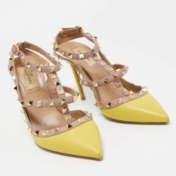 Pre Owned Valentino Yellow/Dusty Pink Leather Rockstud Ankle Strap Pumps Size 38.5