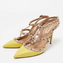 Pre Owned Valentino Yellow/Dusty Pink Leather Rockstud Ankle Strap Pumps Size 38.5