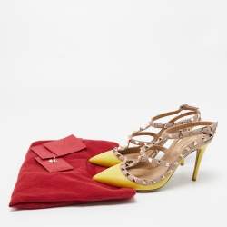 Pre Owned Valentino Yellow/Dusty Pink Leather Rockstud Ankle Strap Pumps Size 38.5