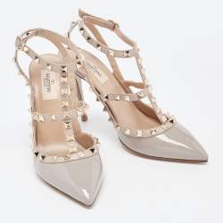 Pre Owned Valentino Grey Patent Leather Rockstud Ankle Strap Pumps Size 39
