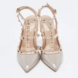 Pre Owned Valentino Grey Patent Leather Rockstud Ankle Strap Pumps Size 39