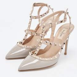 Pre Owned Valentino Grey Patent Leather Rockstud Ankle Strap Pumps Size 39