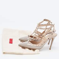 Pre Owned Valentino Grey Patent Leather Rockstud Ankle Strap Pumps Size 39