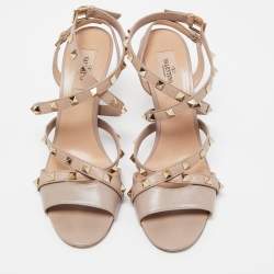 Pre Owned Valentino Dusty Pink Leather Rockstud Ankle Strap Sandals Size 39.5