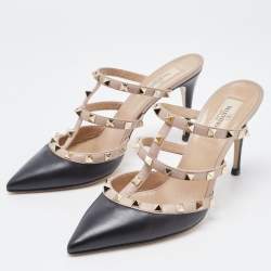 Pre Owned Valentino Black/Dusty Pink Leather Rockstud Mules Size 39