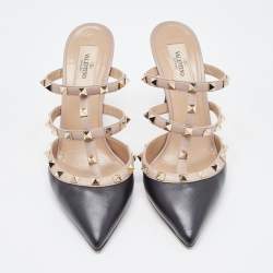 Pre Owned Valentino Black/Dusty Pink Leather Rockstud Mules Size 39