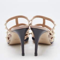 Pre Owned Valentino Black/Dusty Pink Leather Rockstud Mules Size 39