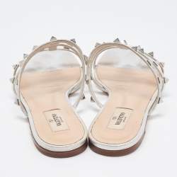 Pre Owned Valentino Silver Leather Rockstud Slide Flats Size 39