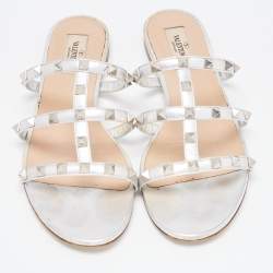 Pre Owned Valentino Silver Leather Rockstud Slide Flats Size 39