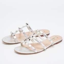 Pre Owned Valentino Silver Leather Rockstud Slide Flats Size 39