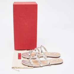 Pre Owned Valentino Silver Leather Rockstud Slide Flats Size 39
