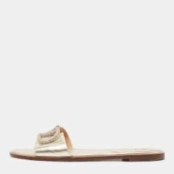 Pre Owned Valentino Gold Leather Escape V logo Flat Slides Size 38.5
