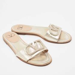 Pre Owned Valentino Gold Leather Escape V logo Flat Slides Size 38.5