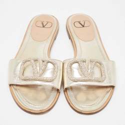 Pre Owned Valentino Gold Leather Escape V logo Flat Slides Size 38.5