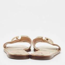 Pre Owned Valentino Gold Leather Escape V logo Flat Slides Size 38.5