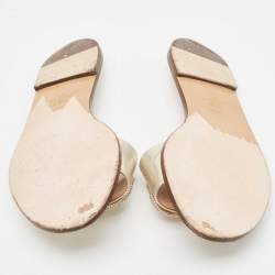 Pre Owned Valentino Gold Leather Escape V logo Flat Slides Size 38.5