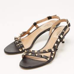 Pre Owned Valentino Black Leather Rockstud Slingback Sandals Size 36.5