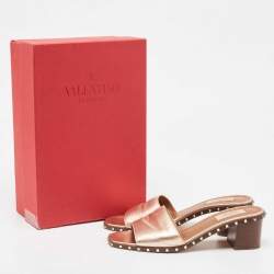 Pre Owned Valentino Metallic Leather Rockstud Open Toe Block Heel Slide Sandals Size 38.5