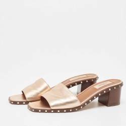 Pre Owned Valentino Metallic Leather Rockstud Open Toe Block Heel Slide Sandals Size 38.5