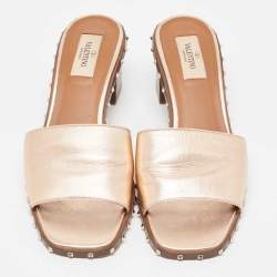 Pre Owned Valentino Metallic Leather Rockstud Open Toe Block Heel Slide Sandals Size 38.5