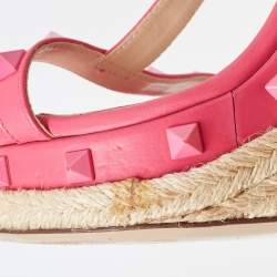Pre Owned Valentino Pink Leather Rockstud  Wedge Ankle Sandals Size 38.5