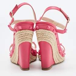 Pre Owned Valentino Pink Leather Rockstud  Wedge Ankle Sandals Size 38.5