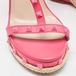 Pre Owned Valentino Pink Leather Rockstud  Wedge Ankle Sandals Size 38.5
