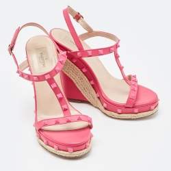 Pre Owned Valentino Pink Leather Rockstud  Wedge Ankle Sandals Size 38.5