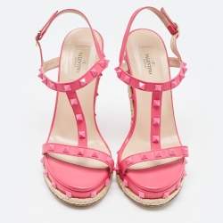 Pre Owned Valentino Pink Leather Rockstud  Wedge Ankle Sandals Size 38.5