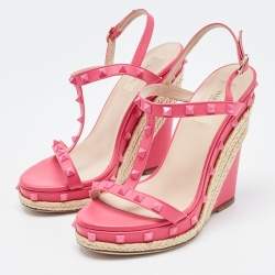 Pre Owned Valentino Pink Leather Rockstud  Wedge Ankle Sandals Size 38.5