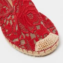 Pre Owned Valentino Red Floral Lace Espadrille Flats Size 39