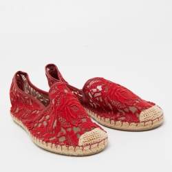 Pre Owned Valentino Red Floral Lace Espadrille Flats Size 39