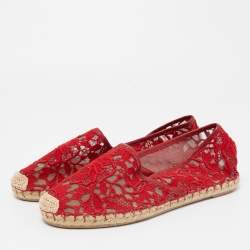 Pre Owned Valentino Red Floral Lace Espadrille Flats Size 39