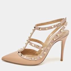 Pre Owned Valentino Beige Leather Rockstud Ankle Strap Pumps Size 39