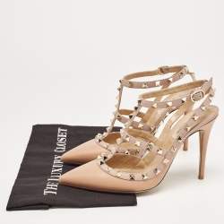 Pre Owned Valentino Beige Leather Rockstud Ankle Strap Pumps Size 39