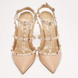Pre Owned Valentino Beige Leather Rockstud Ankle Strap Pumps Size 39