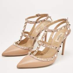 Pre Owned Valentino Beige Leather Rockstud Ankle Strap Pumps Size 39